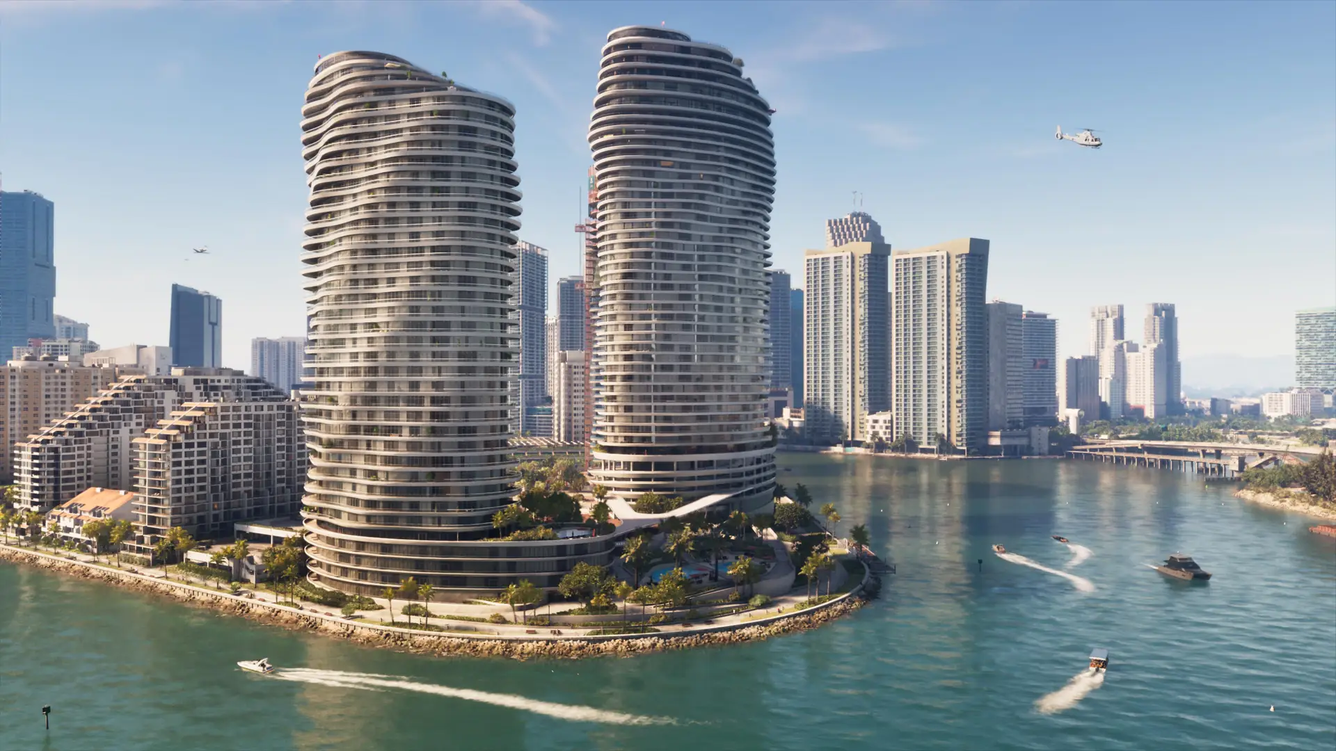 Twin towers on the Vice City waterfront in Grand Theft Auto VI